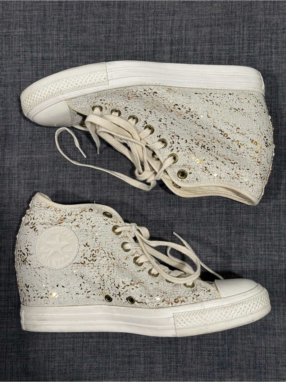 Converse CTAS Wedge Heel Hi PARCHMENT Egret & Gold Distressed Sequin